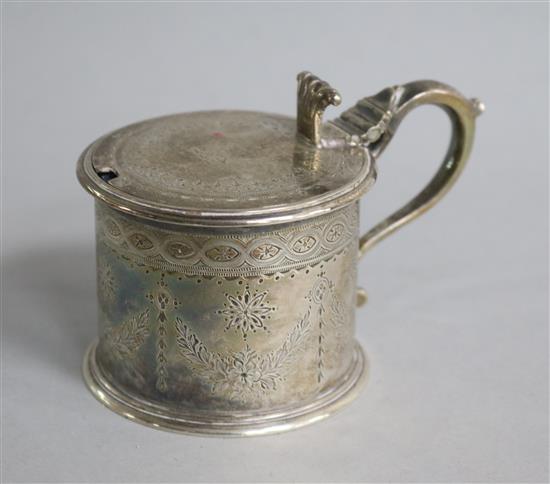 A Victorian silver drum mustard, with clear glass liner, by Crespell & Parker, London, 1871.	